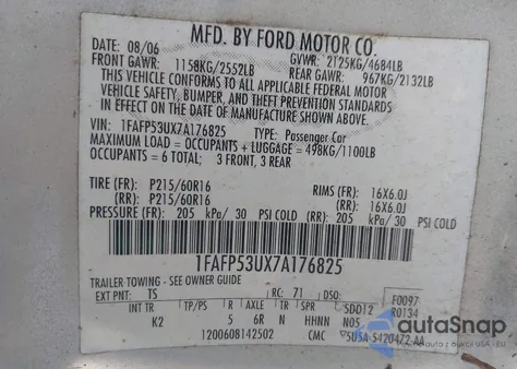 2007 Ford Taurus Se from USA, damaged, VIN 1FAFP53UX7A176825